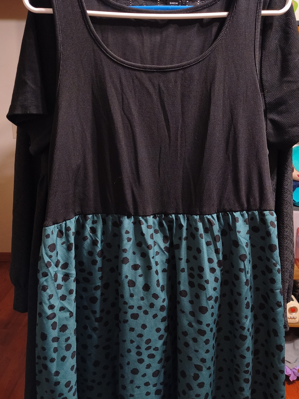 Shein Curve Black Top with Teal & Black Spot Skirt Dress